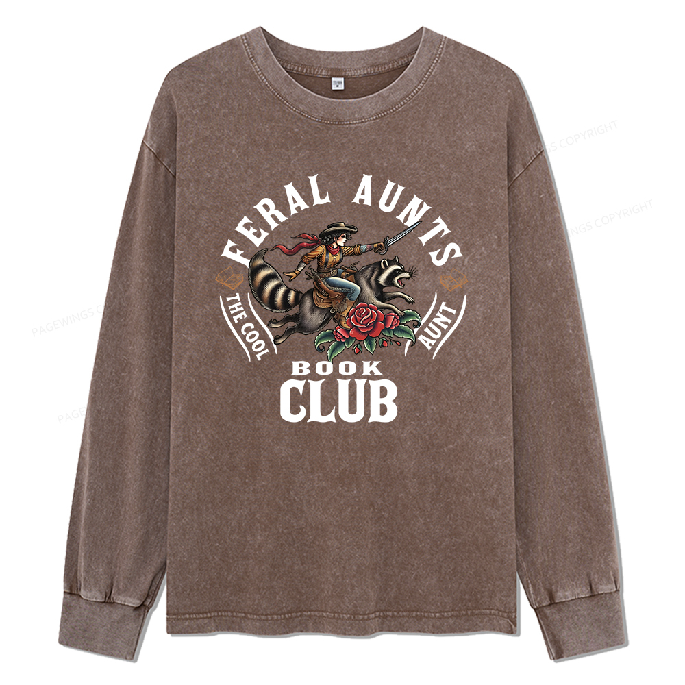 Pagewings Feral Aunt Social Book Club Unisex Washed Long Sleeve T-shirt