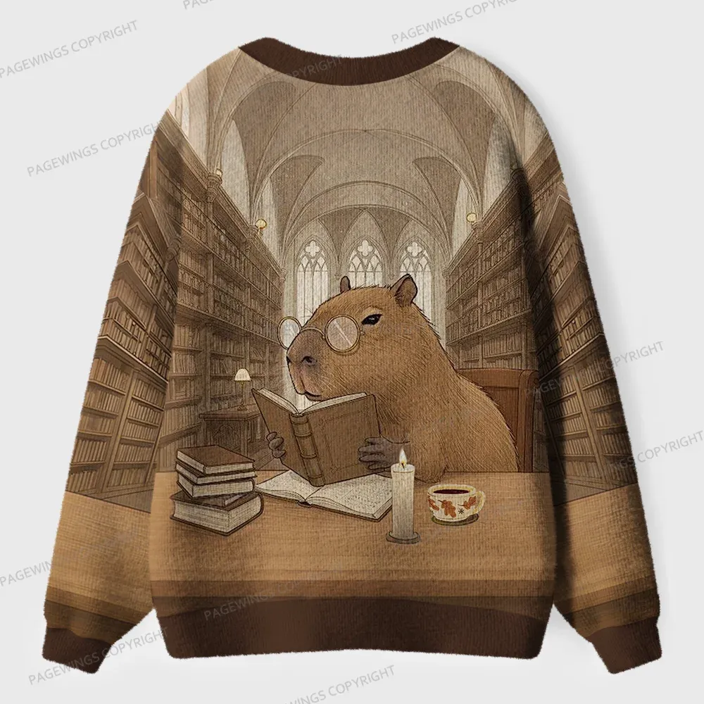 Pagewings Capybara Reading Unisex Ugly Cardigan Sweaters