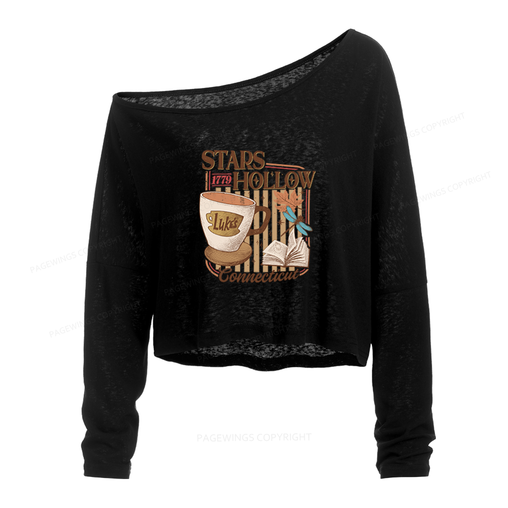 Pagewings Stars Hollow Slouchy Long Sleeve Off Shoulder T-shirt