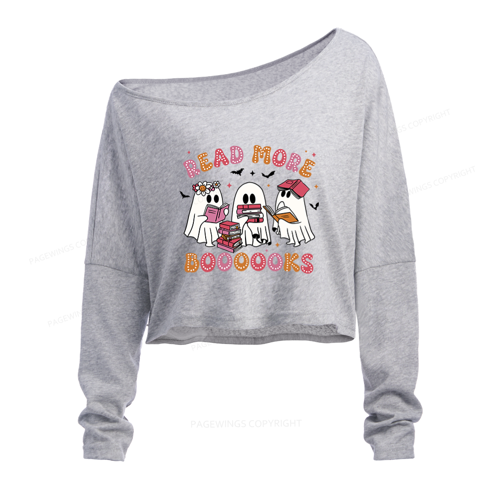 Pagewings Cute Ghost Book Read More Books Slouchy Long Sleeve Off Shoulder T-shirt