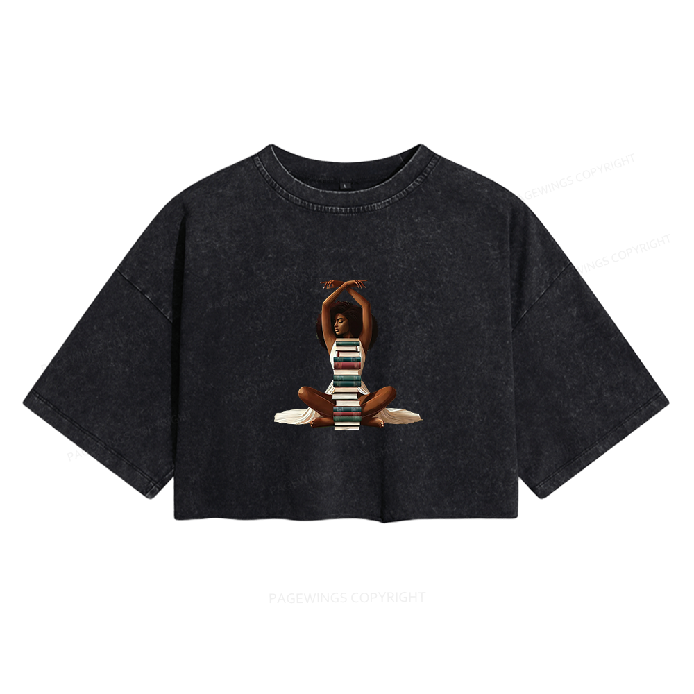 Pagewings Black Girl Reading Women's Washed Cropped T-shirt