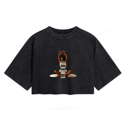 Pagewings Black Girl Reading Women's Washed Cropped T-shirt