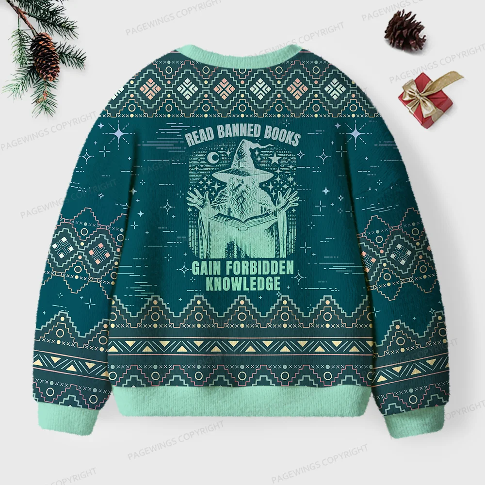 Pagewings Read Banned Books Gain Forbidden Knowledge Unisex Ugly Knit Sweatshirt