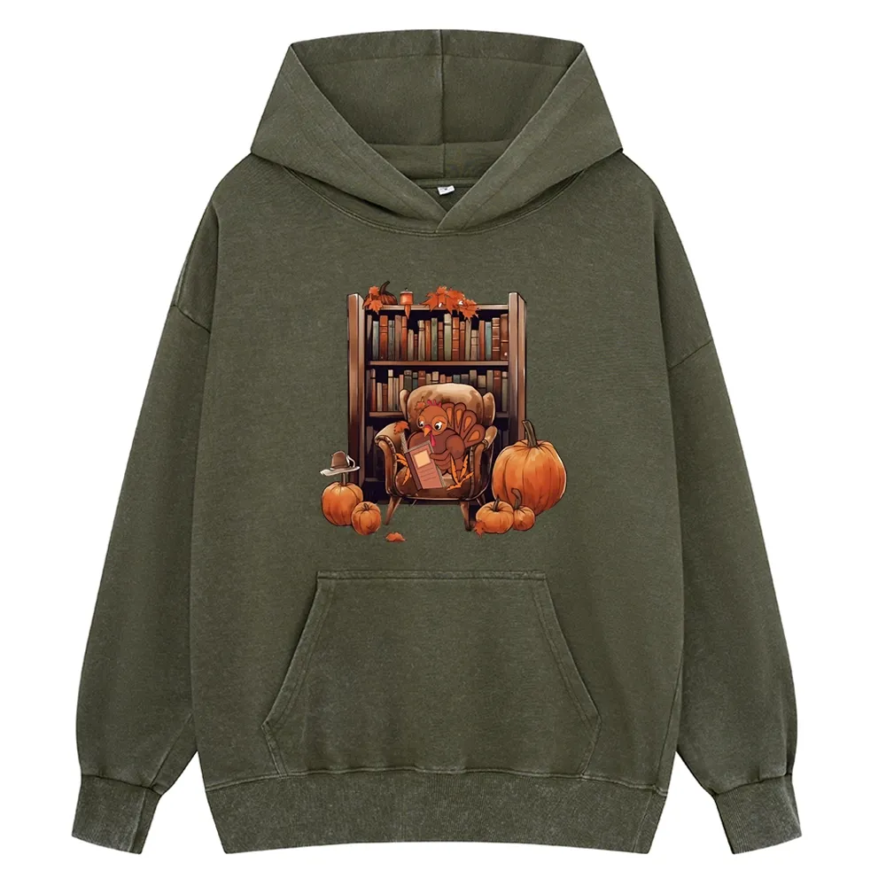 Pagewings Thanksgiving Turkey Reading Unisex Washed Hoodie