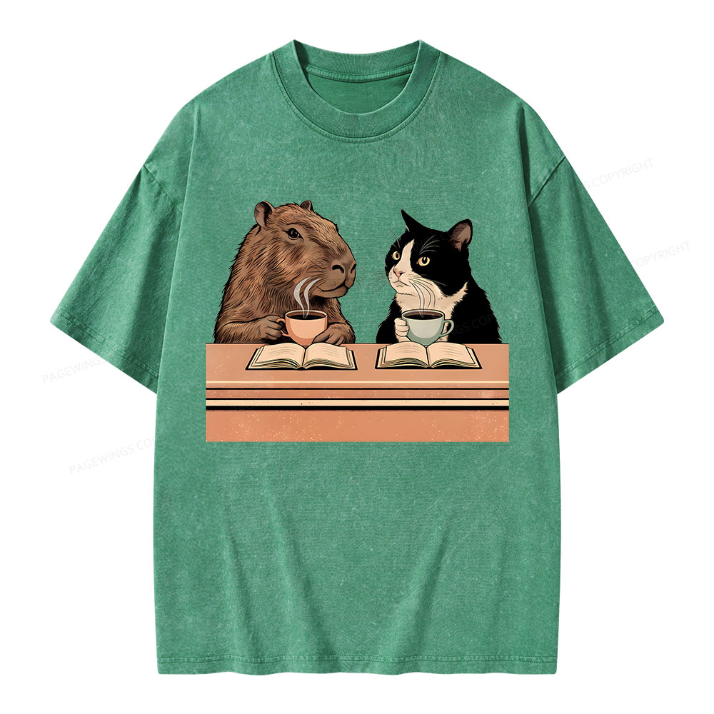 Pagewings Capybara and Tuxedo Cat Chilling with Coffee Unisex Washed T-shirt