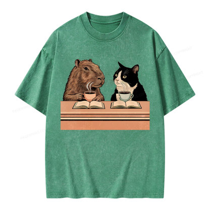 Pagewings Capybara and Tuxedo Cat Chilling with Coffee Unisex Washed T-shirt