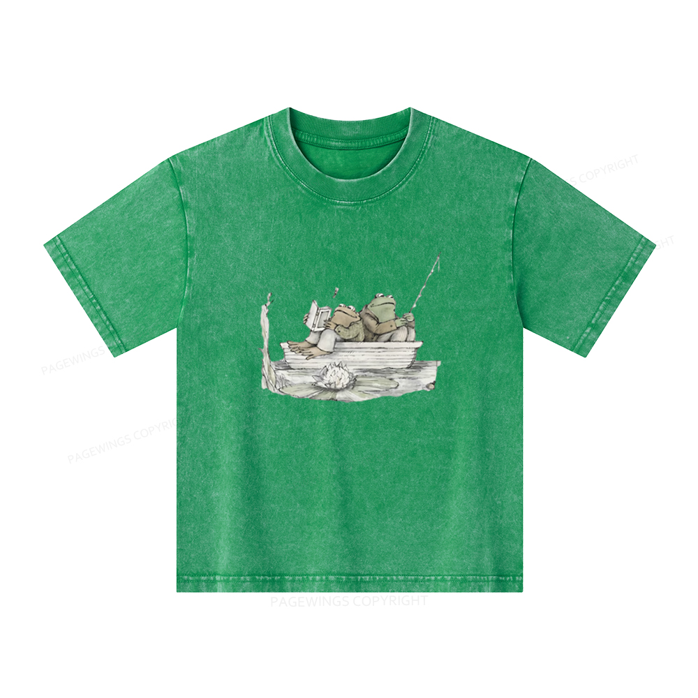 Pagewings Frog Reading Unisex Kids Washed T-shirt