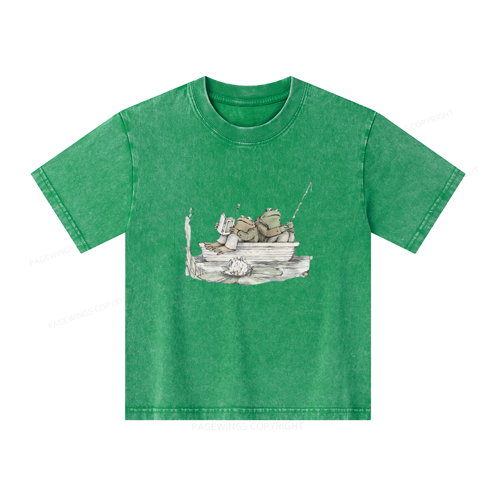 Pagewings Frog Reading Unisex Kids Washed T-shirt