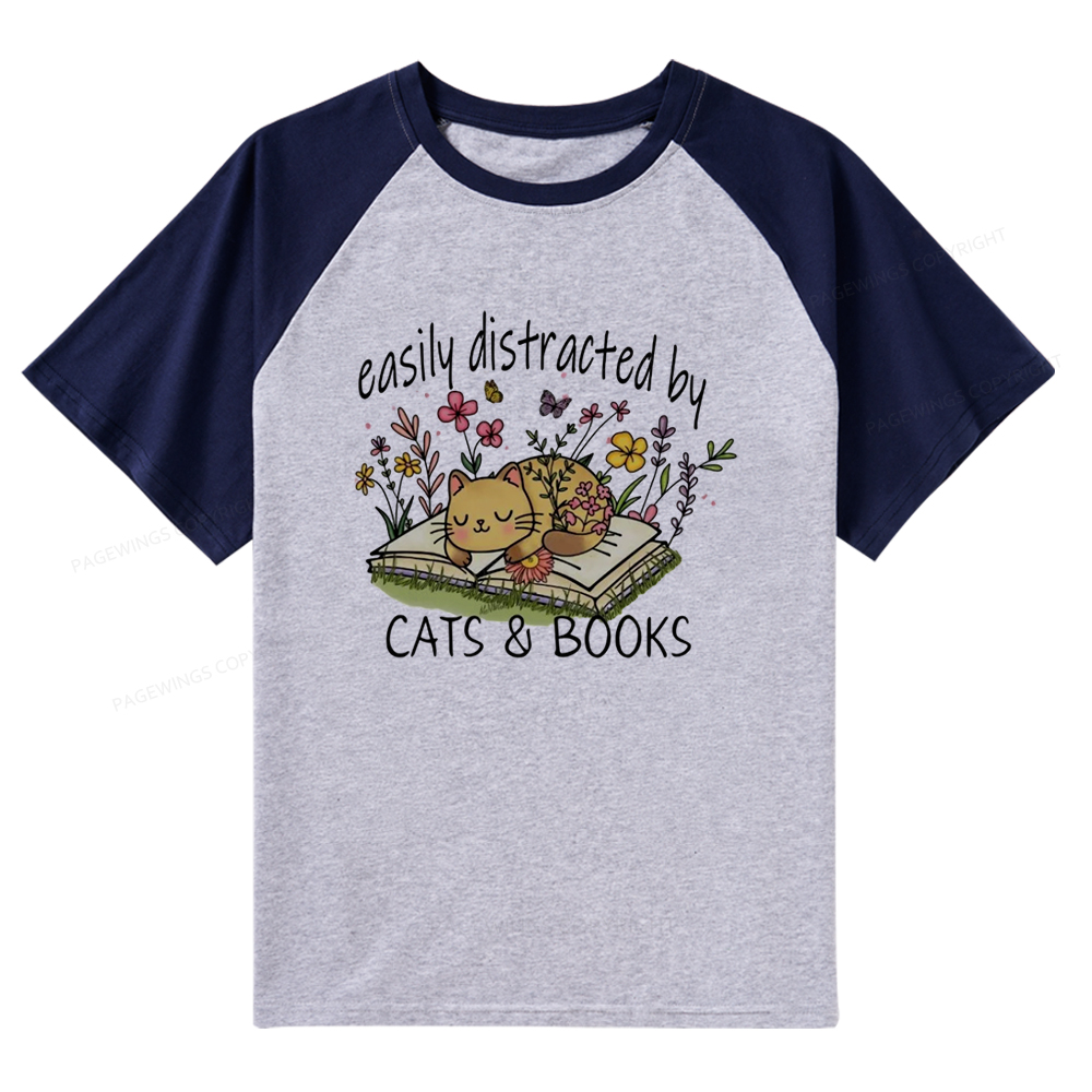 Pagewings Easily Distracted By Cats And Books Raglan T-shirt
