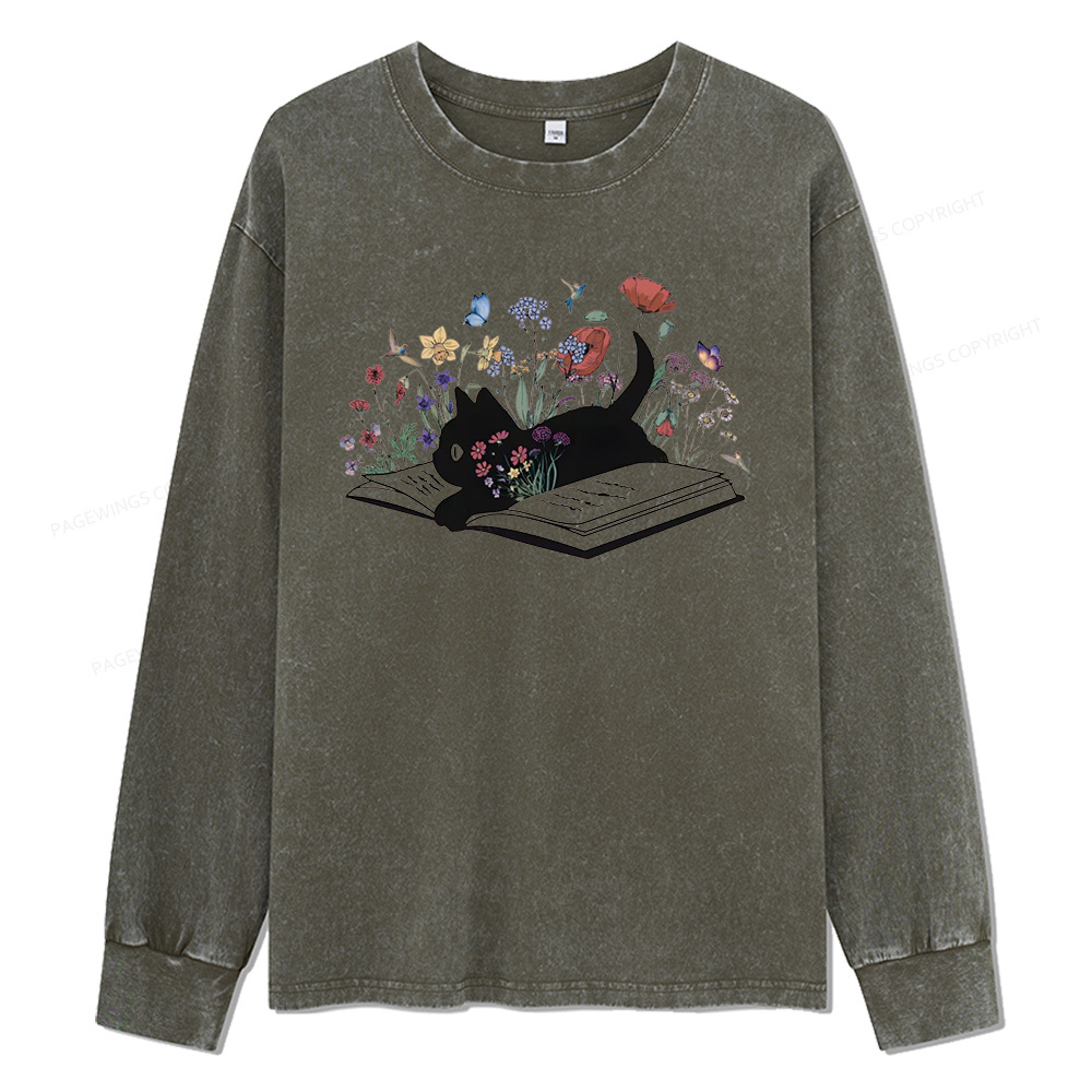 Pagewings Cute Book Cat Unisex Washed Long Sleeve T-shirt