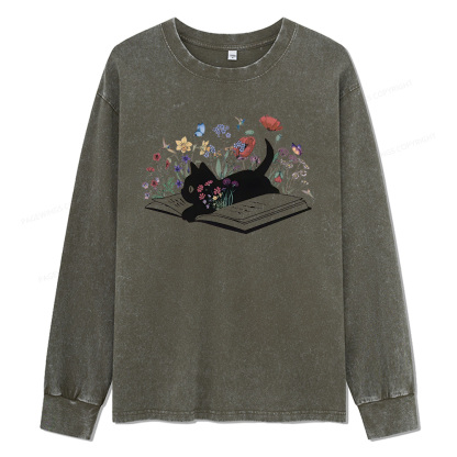 Pagewings Cute Book Cat Unisex Washed Long Sleeve T-shirt