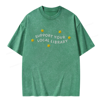 Pagewings Embroidered Support Your Local Library Unisex Washed T-shirt