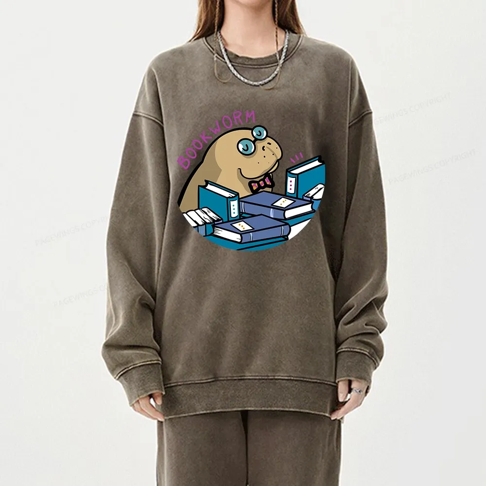 Pagewing Books Worm And Reading in Library Forever Unisex Washed Sweatshirt