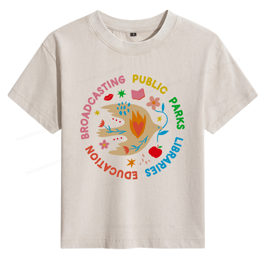 Pagewings Public Parks Libraries Education Broadcasting Women's Washed T-shirt