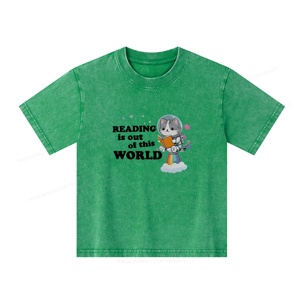 Pagewings Cat Reading in Space Unisex Kids Washed T-shirt