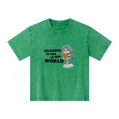 Pagewings Cat Reading in Space Unisex Kids Washed T-shirt