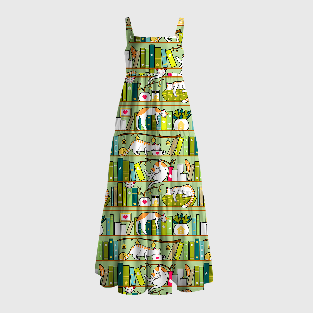 Pagewings Square Neck Cat Bookshelf Maxi Dress