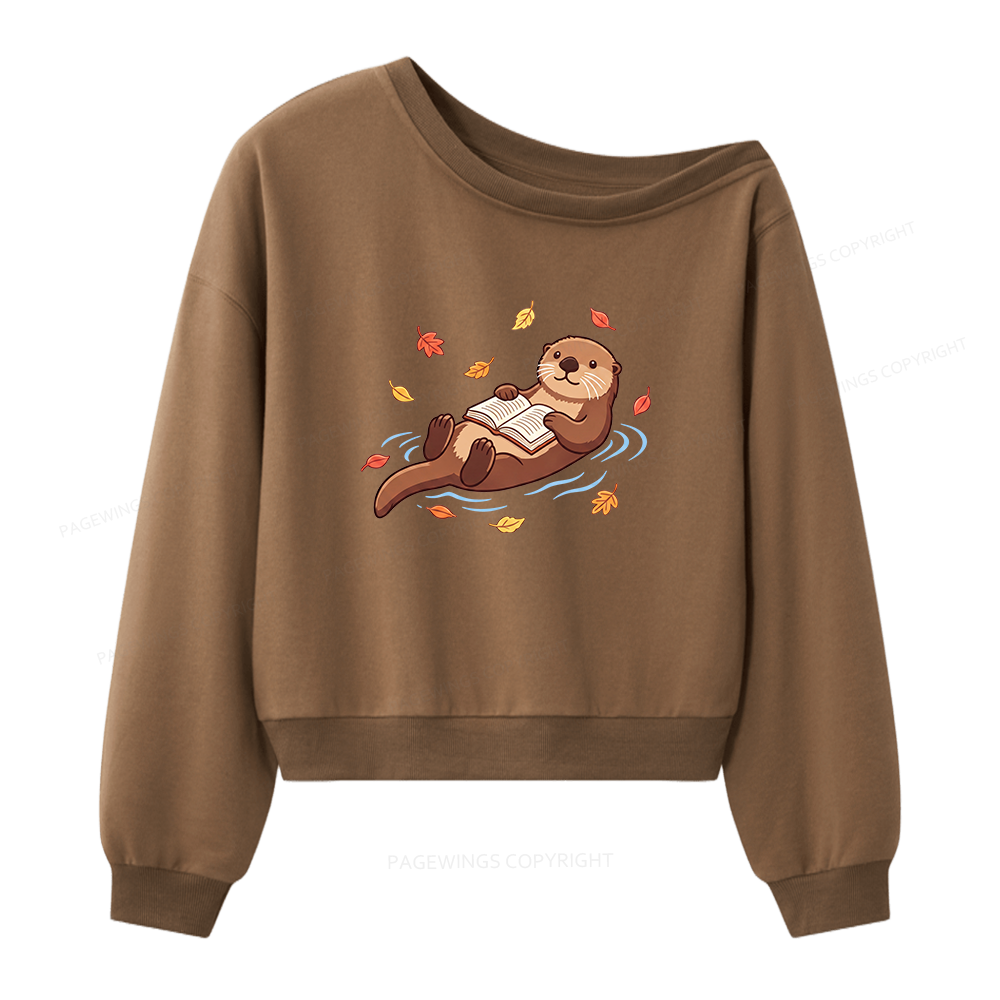 Pagewings Otter Reading Book Women Off Shoulder Sweatshirt