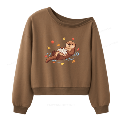 Pagewings Otter Reading Book Women Off Shoulder Sweatshirt