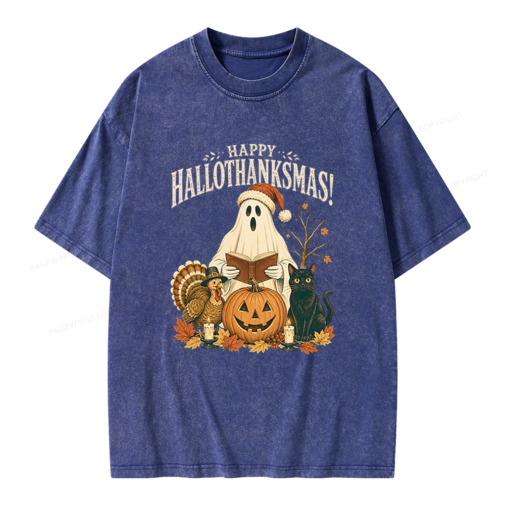 Pagewings Happy Hallothanksmas Unisex Washed T-shirt