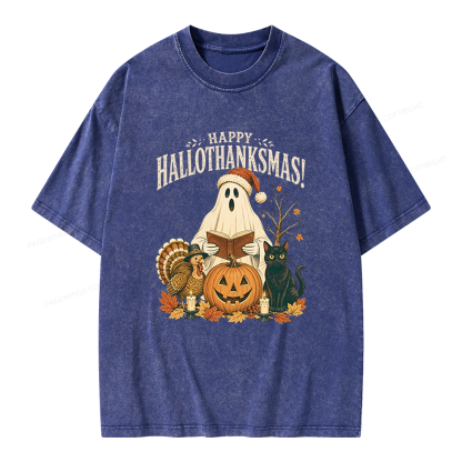 Pagewings Happy Hallothanksmas Unisex Washed T-shirt