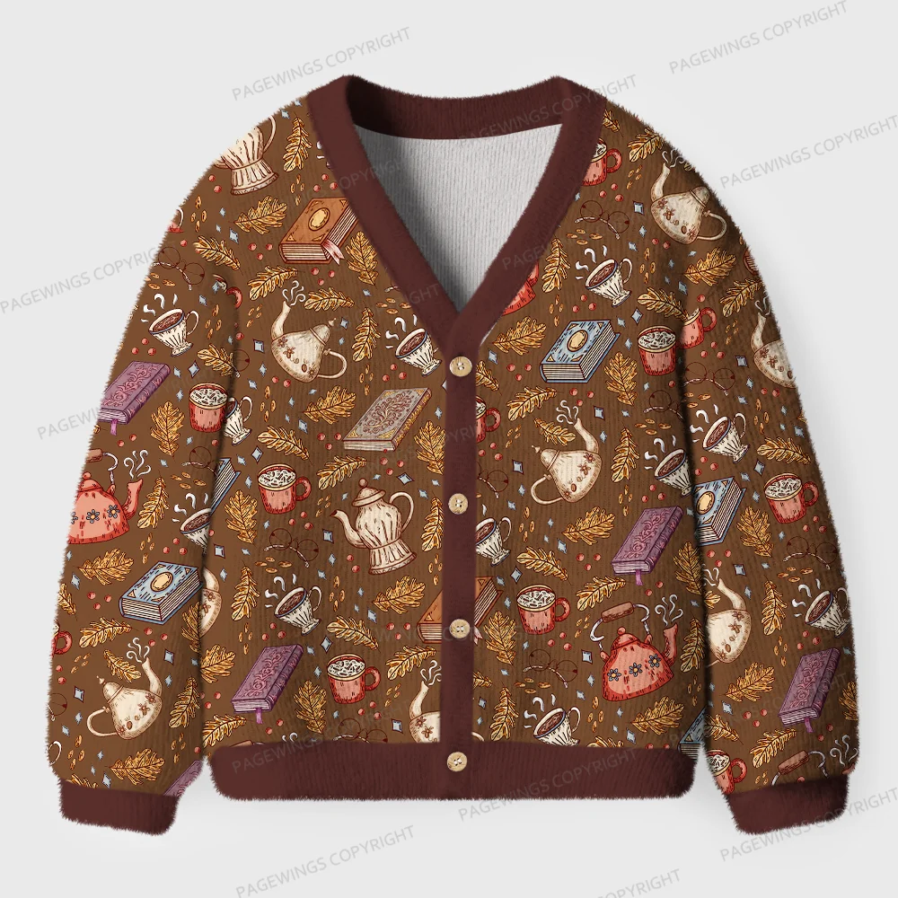 Pagewings Cozy Books And Tea Unisex Ugly Cardigan Sweaters