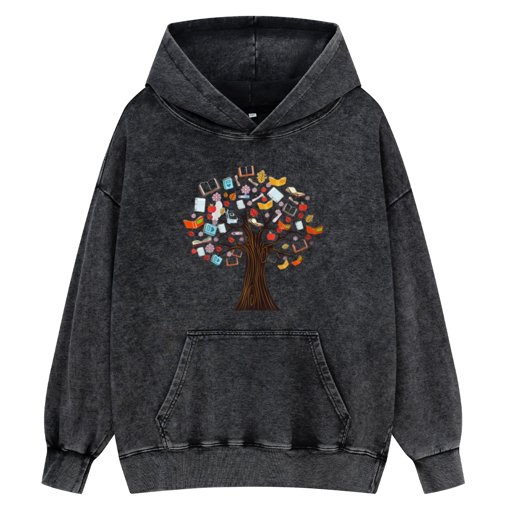 Pagewings Book Tree Vintage Graphic Unisex Washed Hoodie