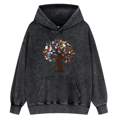 Pagewings Book Tree Vintage Graphic Unisex Washed Hoodie