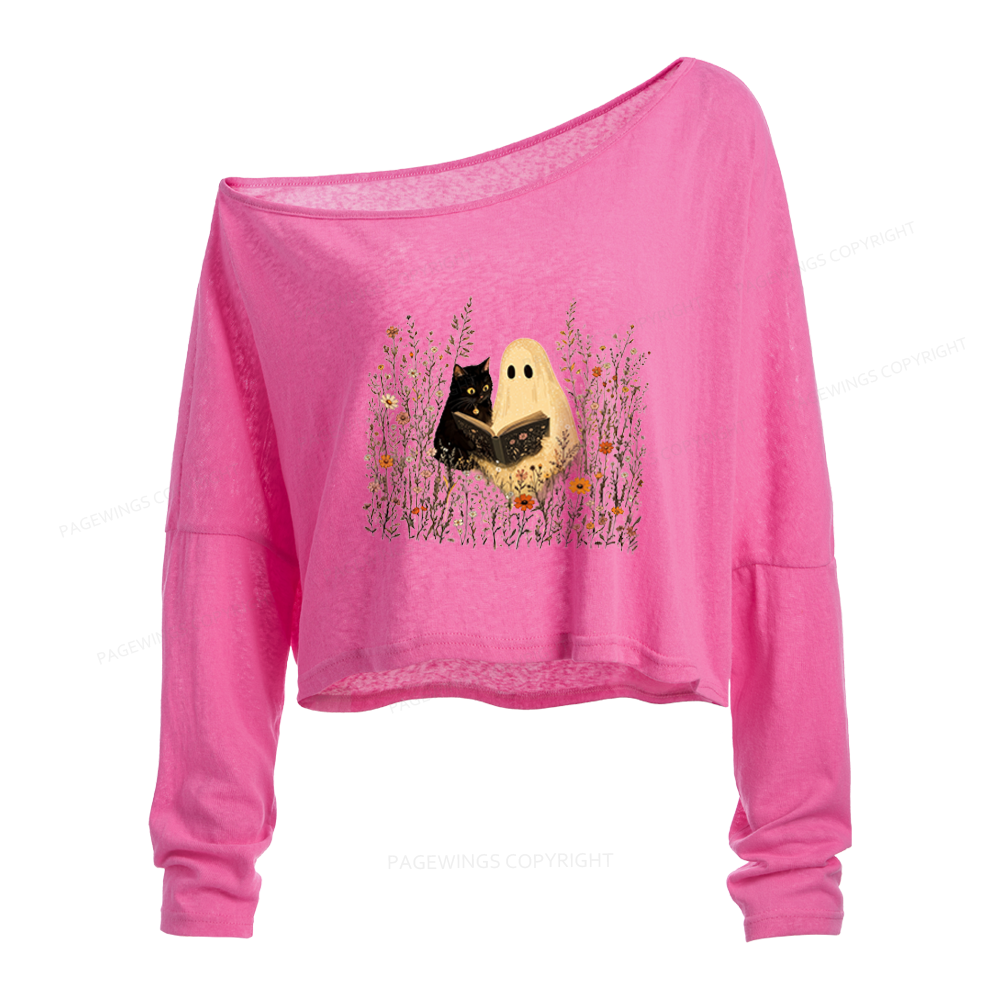 Pagewings Ghost Black Cat Reading Slouchy Long Sleeve Off Shoulder T-shirt