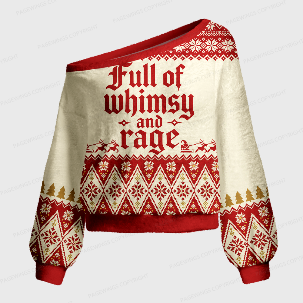 Pagewings Full of Whimsy and Rage Off Shoulder Ugly Knit Sweater