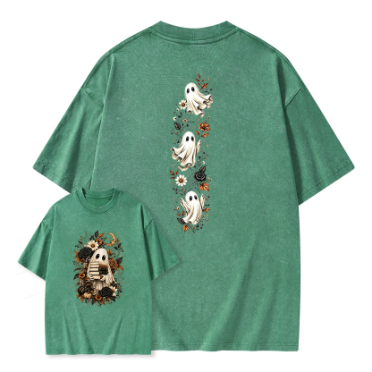 Pagewings Halloween Floral Ghost Bookish Unisex Washed T-shirt