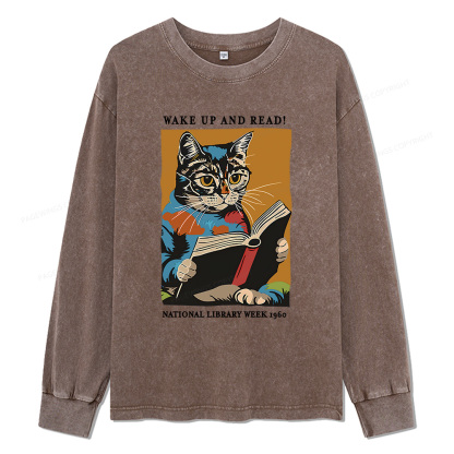 Pagewings Cat Reading Poster Unisex Washed Long Sleeve T-shirt
