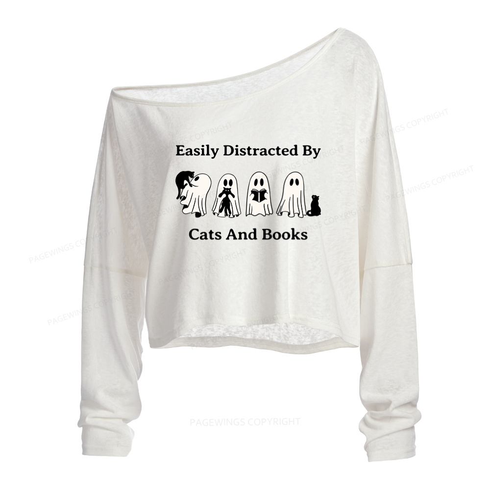 Pagewings Easily Distracted By Cats And Books Slouchy Long Sleeve Off Shoulder T-shirt