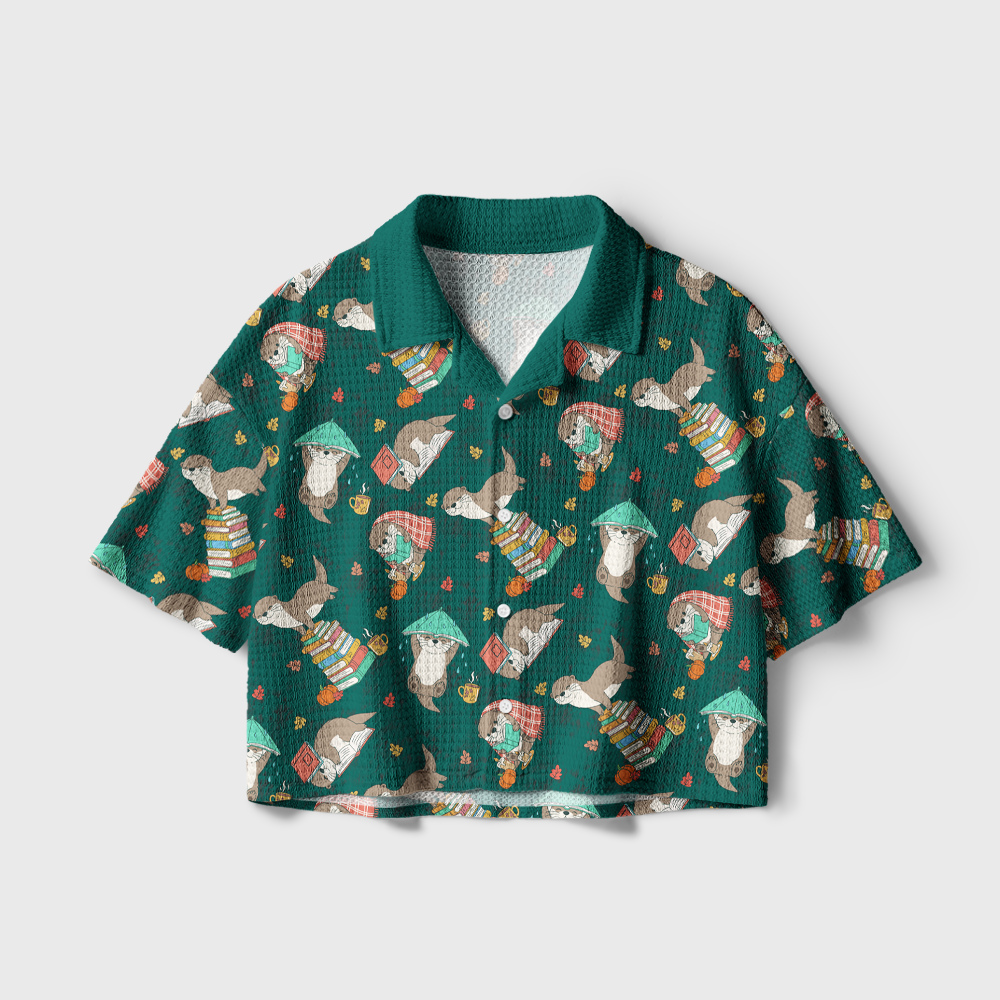 Pagewings Cozy Reading Otter Camp Collar Boxy Fit Unisex Crochet Shirt