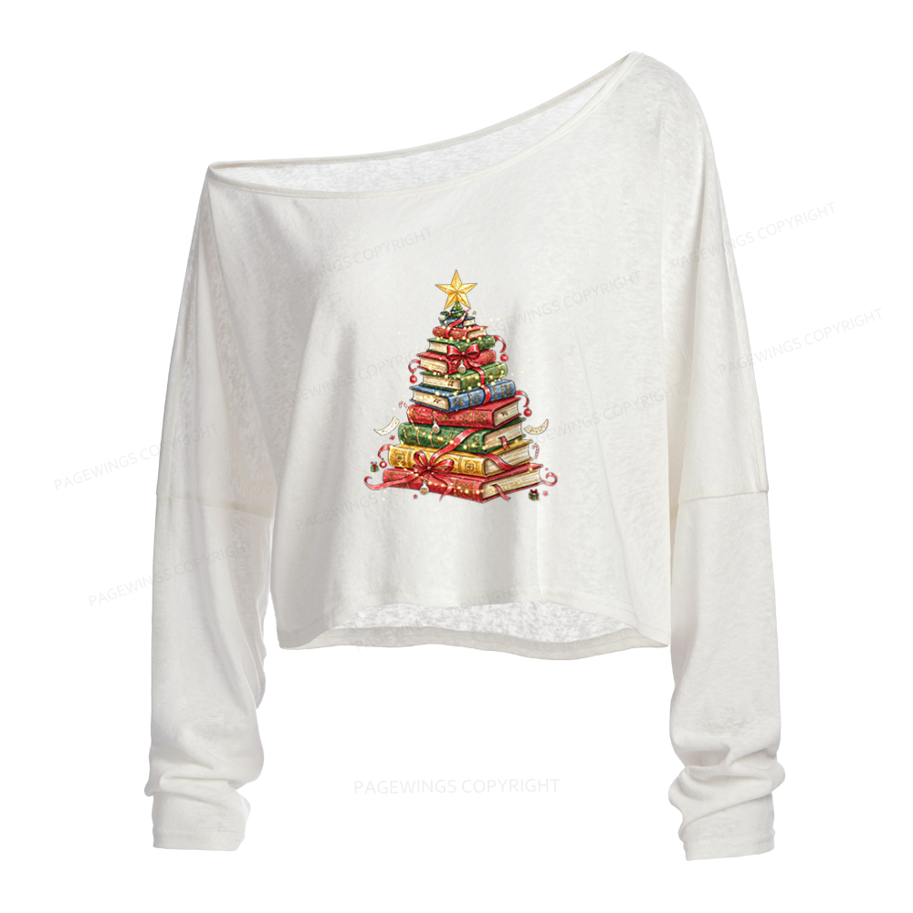 Pagewings Christmas Tree Made of Books Slouchy Long Sleeve Off Shoulder T-shirt