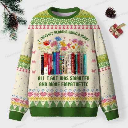 Pagewings I Survived Reading Banned Books Unisex Ugly Knit Sweatshirt