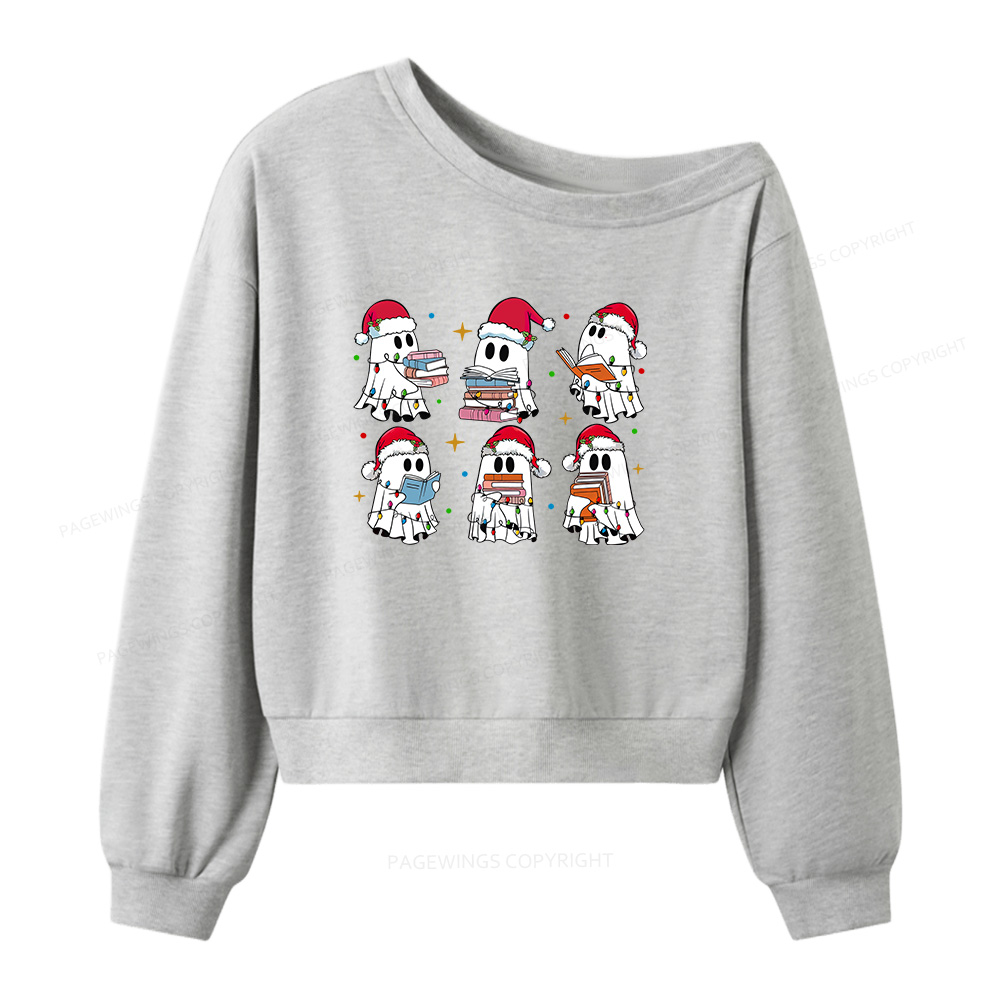 Pagewings Christmas Book Ghost  Women Off  Shoulder Sweatshirt