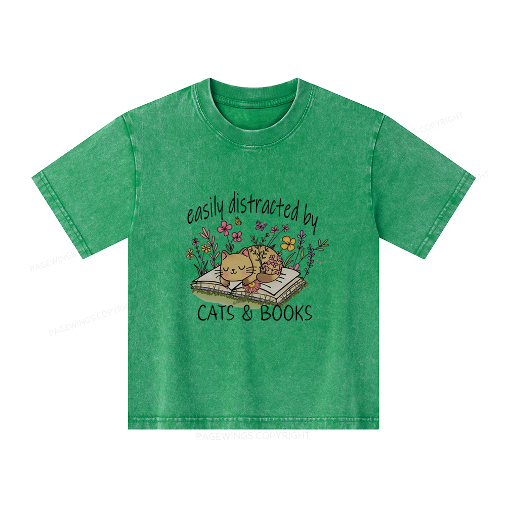 Pagewings Easily Distracted By Cats And Books Unisex Kids Washed T-shirt