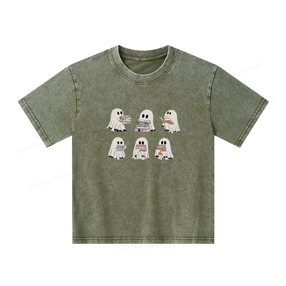 Pagewings Ghost Reading Halloween Unisex Kids Washed T-shirt