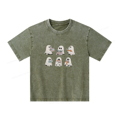 Pagewings Ghost Reading Halloween Unisex Kids Washed T-shirt