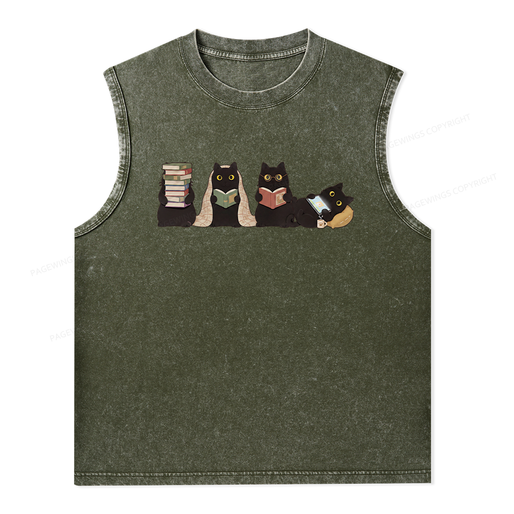 Pagewings Black Cats Reading Unisex Washed T-shirt Unisex Washed Tank Top