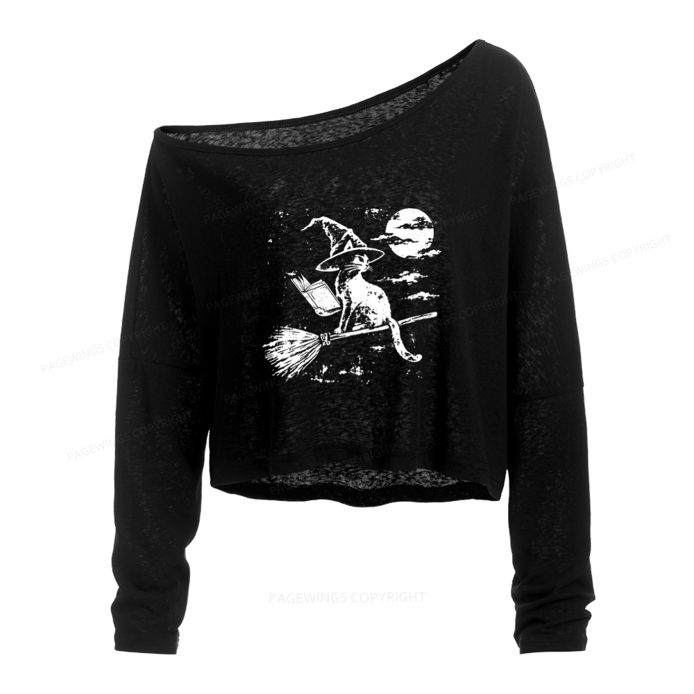 Pagewings Witchy Cat Slouchy Long Sleeve Off Shoulder T-shirt