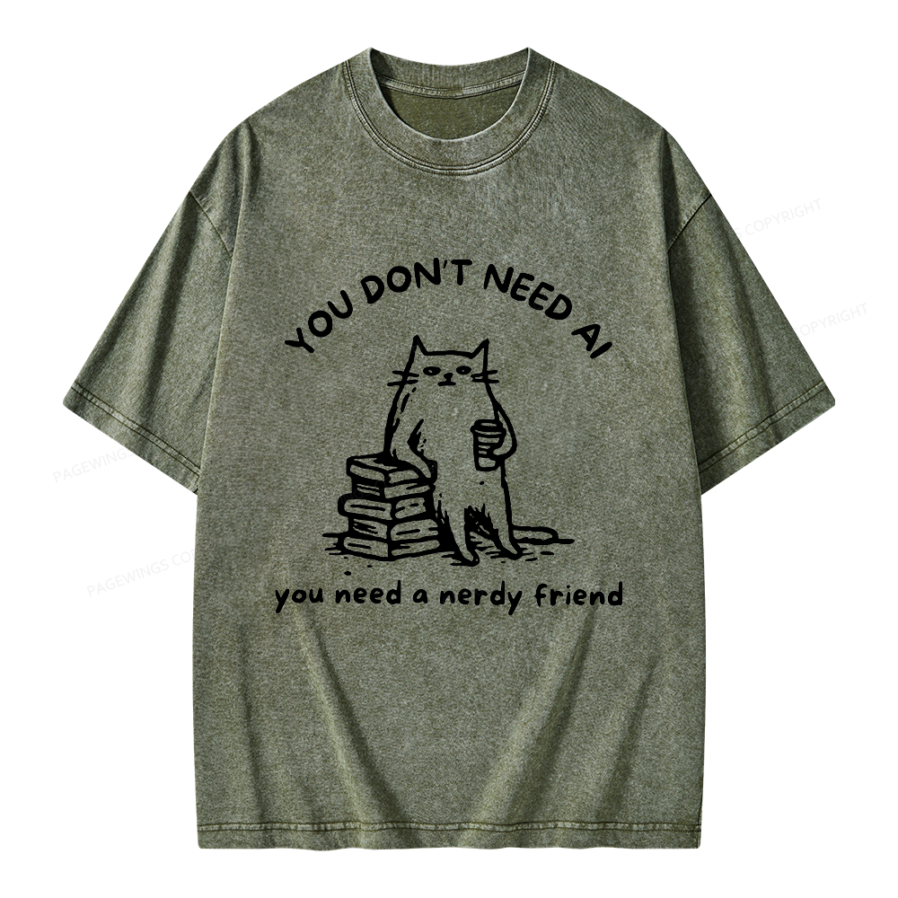Pagewings Funny Cat Doodle Anti AI Unisex Washed T-shirt