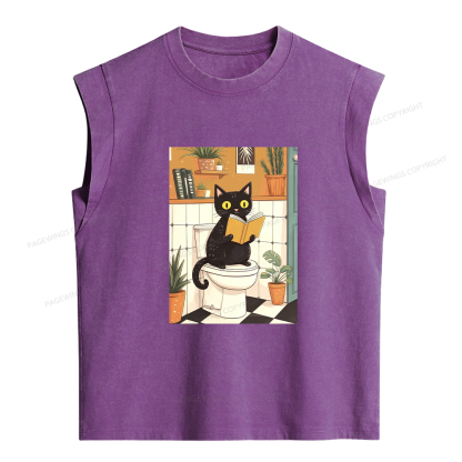 Pagewings Cat Reading on Toilet Women's Washed Tank Top