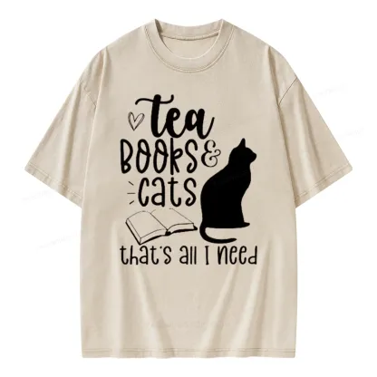 Pagewings Tea Books Cats That's All I Need Unisex Washed T-shirt