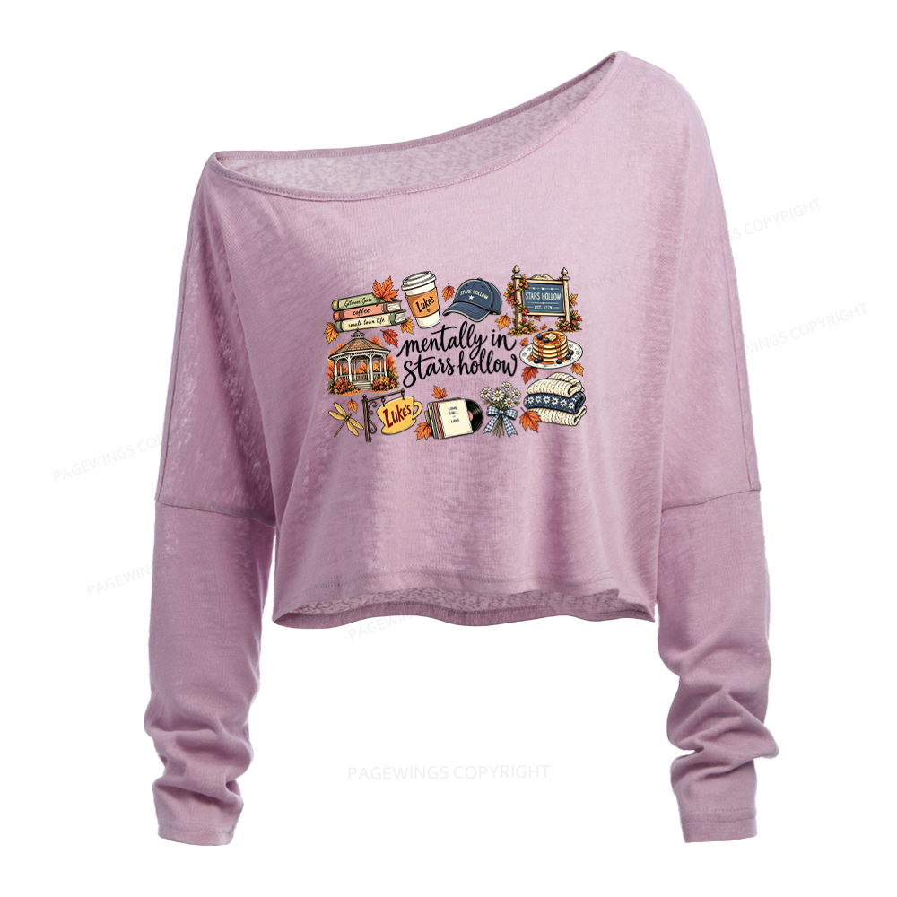Pagewings Fall Hollow Slouchy Long Sleeve Off Shoulder T-shirt