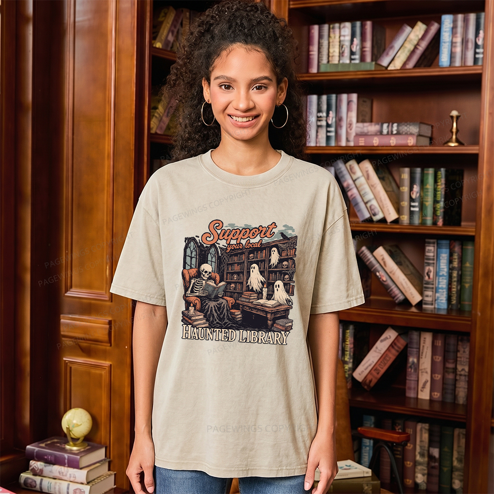 Pagewings Support Your Local Haunted Library Unisex Washed T-shirt