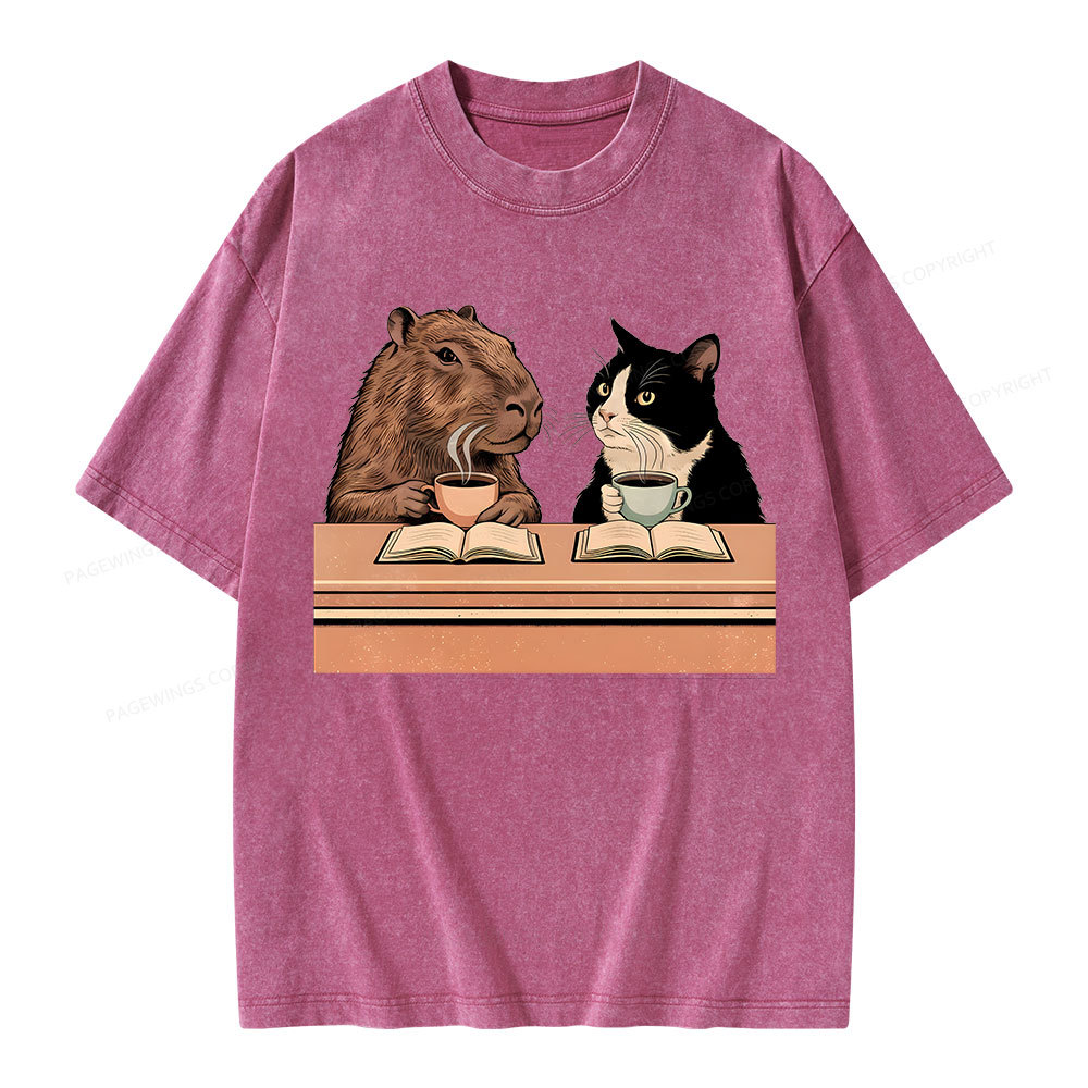 Pagewings Capybara and Tuxedo Cat Chilling with Coffee Unisex Washed T-shirt