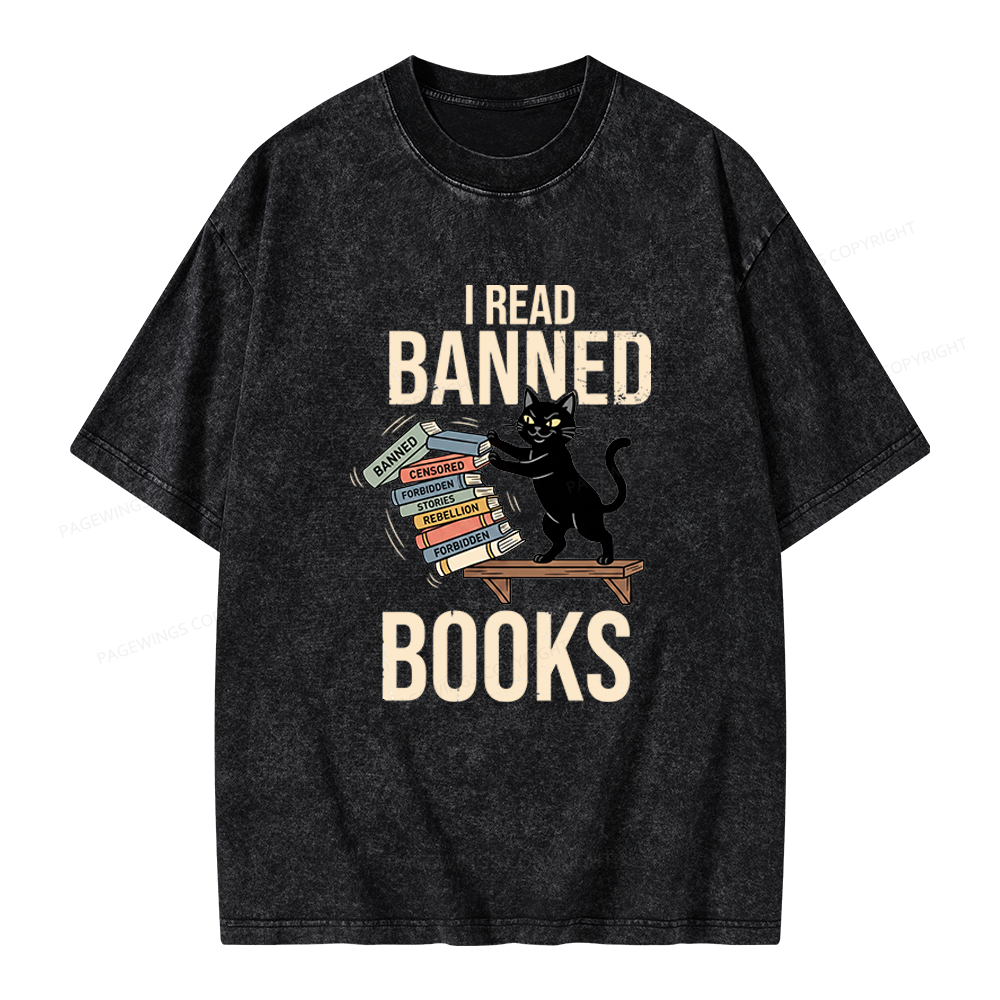 Pagewings Black Cat I Read Banned Books Unisex Washed T-shirt