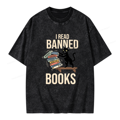 Pagewings Black Cat I Read Banned Books Unisex Washed T-shirt